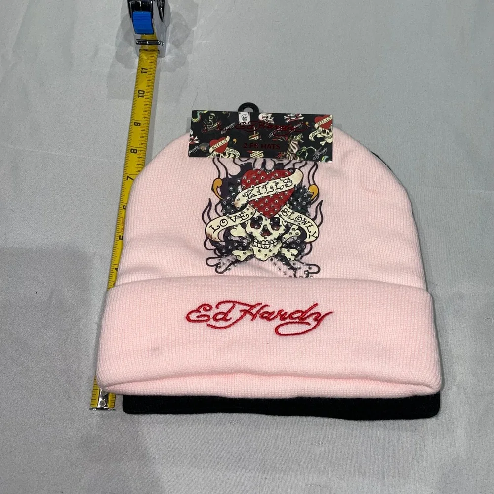 Ed Hardy 2 Pack Beanies Pink Love Kills Slowly Black Tiger Rhinestone Y2K Hat